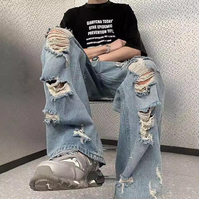 American-style high-street vibe style pants European and American-style handsome vintage ripped jeans American-style retro beggar pants men