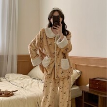 韩版ins秋冬可爱毛绒睡衣女加绒保暖开衫女士套装家居服外穿春秋