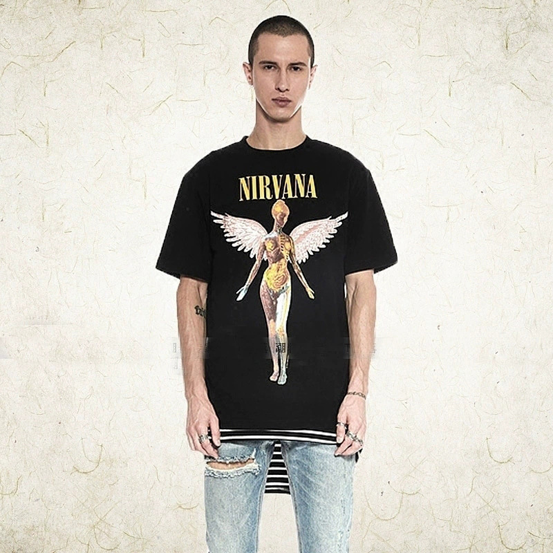 2025 Summer Men's Trendy Brand Short-Sleeved T-Shirt European and American Ins Kanye Fog Nirvana Angel Rock T-Shirt Nirvana