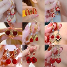 欧美重工个性时髦满钻水滴花瓣流苏耳坠安可拉红秋冬喜庆爆款耳环