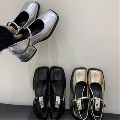 2024秋新款復古金色瑪麗珍鞋女方頭一字扣單鞋女粗跟高跟JK小皮鞋