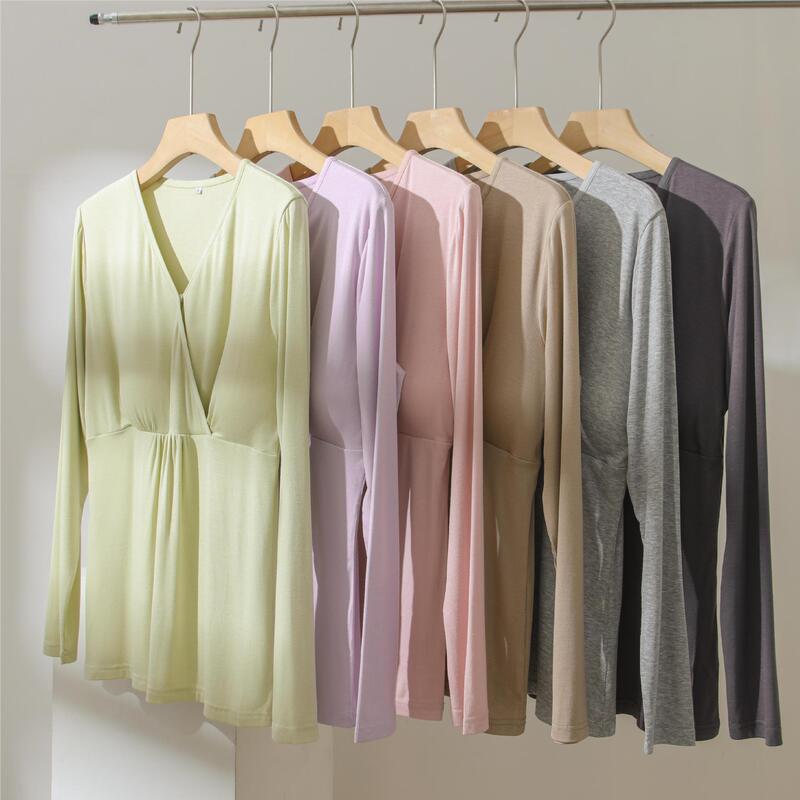 [3370 in stock] nursing top autumn clothes autumn and winter New maternity underwear postpartum with chest pad pajamas bottoming shirt