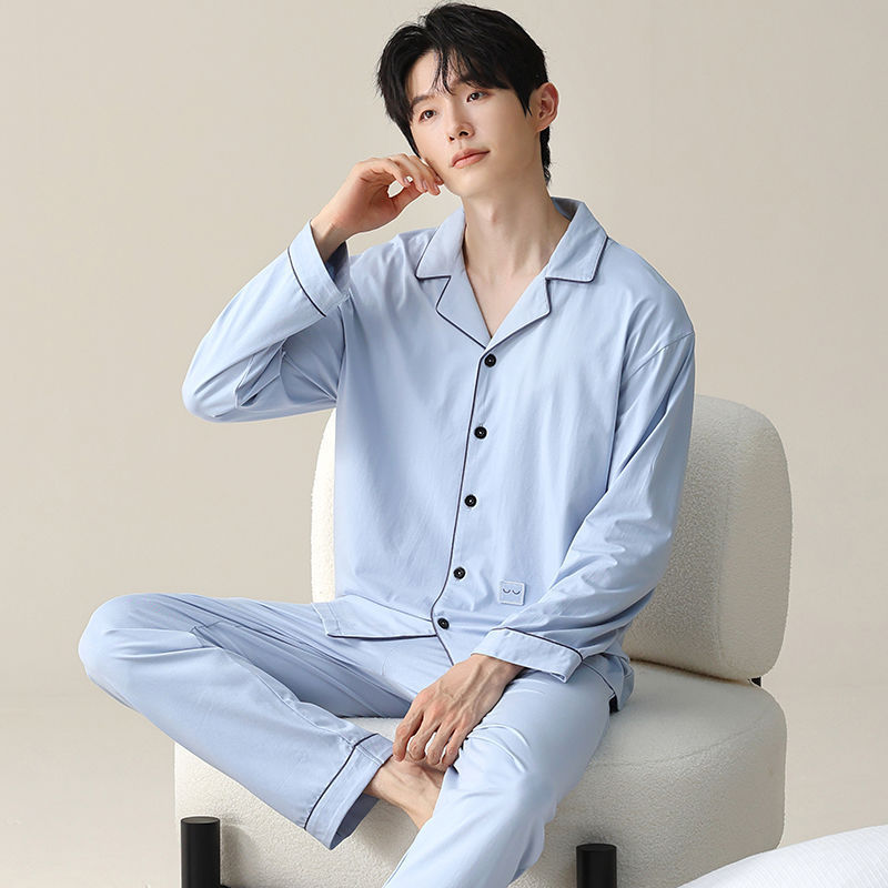 Pijama de hombre primavera y otoño cardigan de manga larga set delgado suelto algodón puro estilo exterior se puede usar ropa de hogar