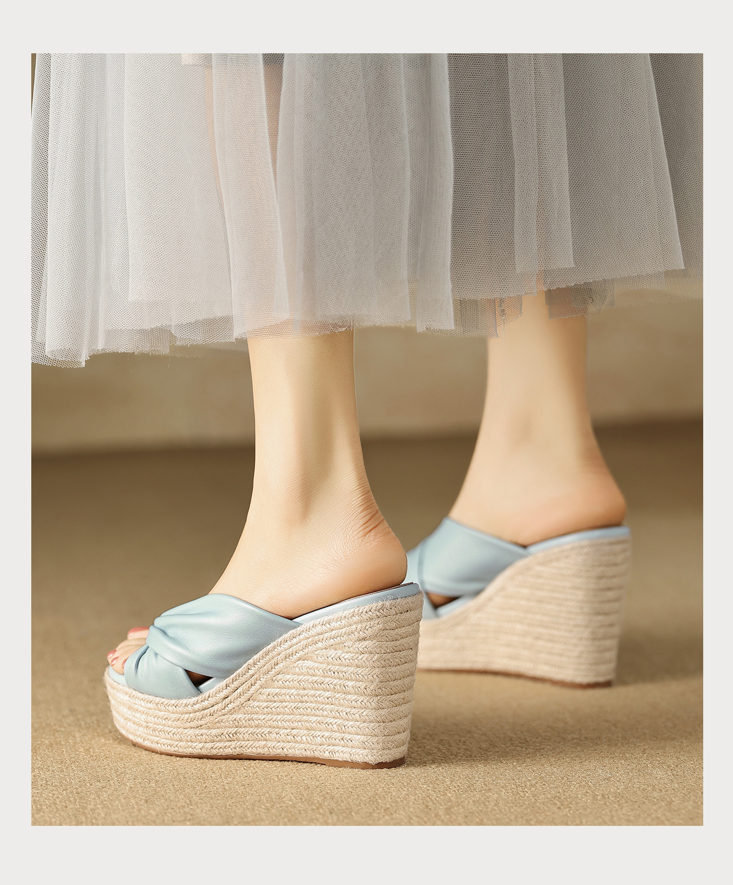 Sandal cao gót nữ quai chéo hở mũi đế xuồng bện cói gót 9 cm — màu thiên thanh, màu hồng chi tiết 14