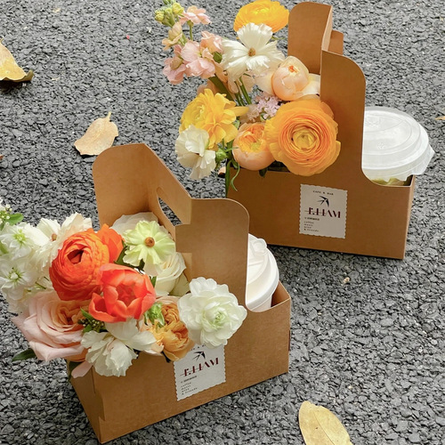 Coffee handheld flower box, flower bouquet, cake box, dessert baking gift box, milk tea takeaway packaging box, kraft paper bag
