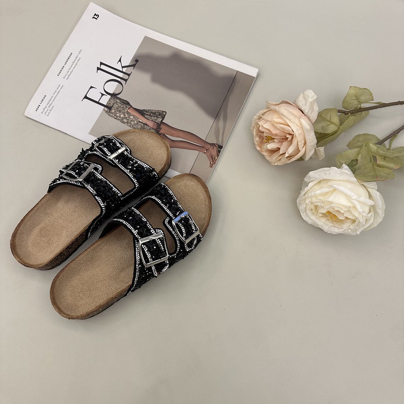 2025 verano Europa y los Estados Unidos comercio exterior transfronterizo zapatillas de doble botón perforación de arena corcho gran fábrica de zapatillas para mujeres