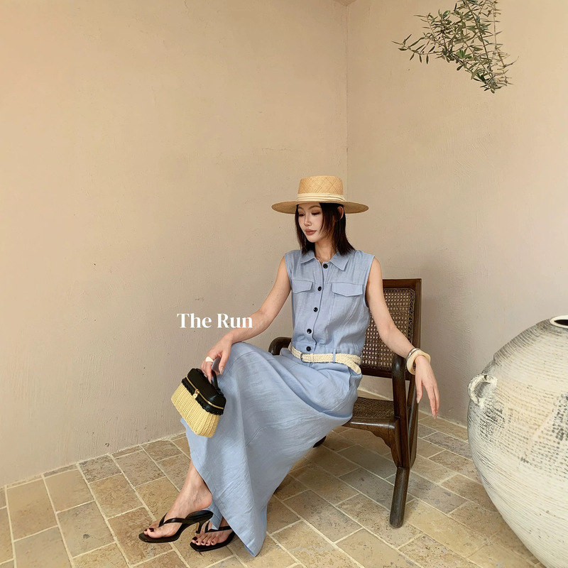 The Run Clearance Sale, Item Number 7728 # Linen Sleeveless Knee-Length Shirt Dress (with Belt) The Run Clearance Sale, Item Number 7728 # Linen Sleeveless Knee-Length Shirt Dress (with Belt)