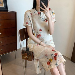 THEWOW軽盈竿級ラミー麻新中国式立襟斜門襟盤ボタンザクロプリント旗衿ワンピース夏