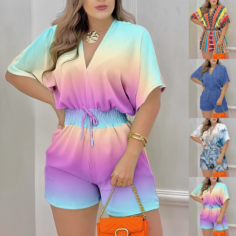 2024 Summer New Export European and American Clothing Amazon Aliexpress Independent Station Short-Sleeved V Neck Lace-Up Jumpsuit