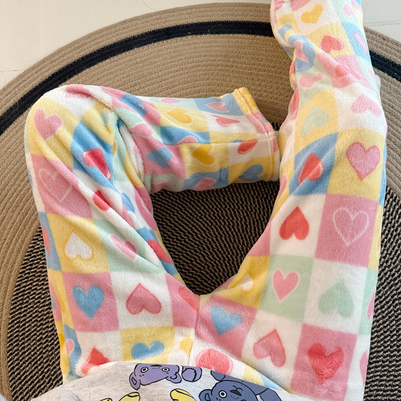 Pantalones de pijama de franela de dibujos animados de otoño y invierno para mujeres con pantalones de lana de coral caliente para estudiantes de lana de invierno para el hogar