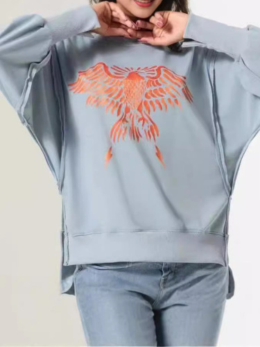 Spring European and American loose long-sleeved drop-shoulder casual printed crew neck open side hoodie