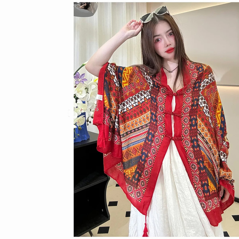 エスニックスタイル [Tyrande] サマーショール レトロバックル 日焼け止め コットンとリネンのショール カバーアップ 万能ビーチタオル|undefined