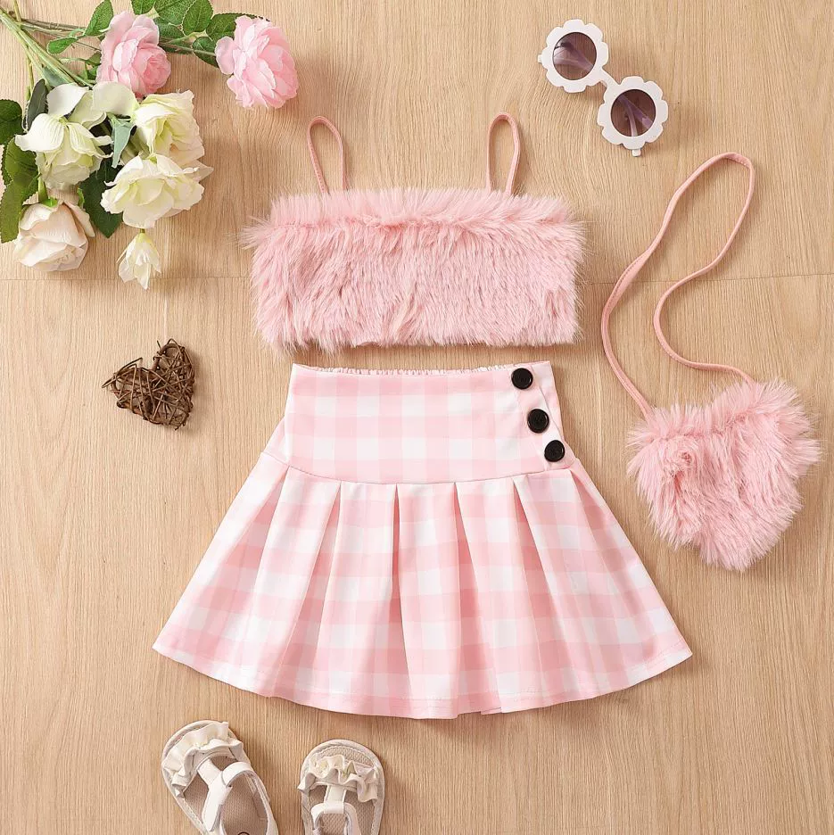 Set for St. Valentine's Day, pleated skirt, bag, European style, lifting effect, 3 piece set, three colors