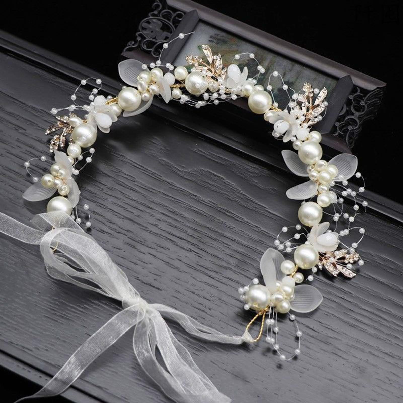Diadema con corona de flores rosas estilo bosque, corona floral con perlas, corona nupcial, hermosa hecha a mano al estilo europeo. image 5