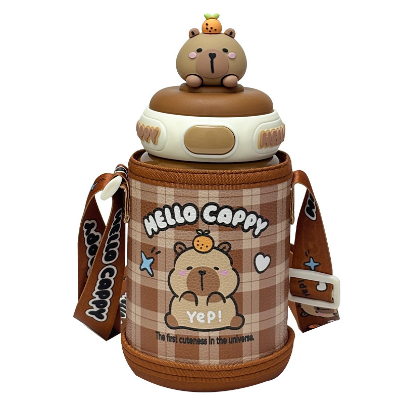 かわいい Kapibara 子供用ポットとカップセット学生魔法瓶カップ調節可能なカップロープポータブルシリコンノズル飲料カップ|undefined