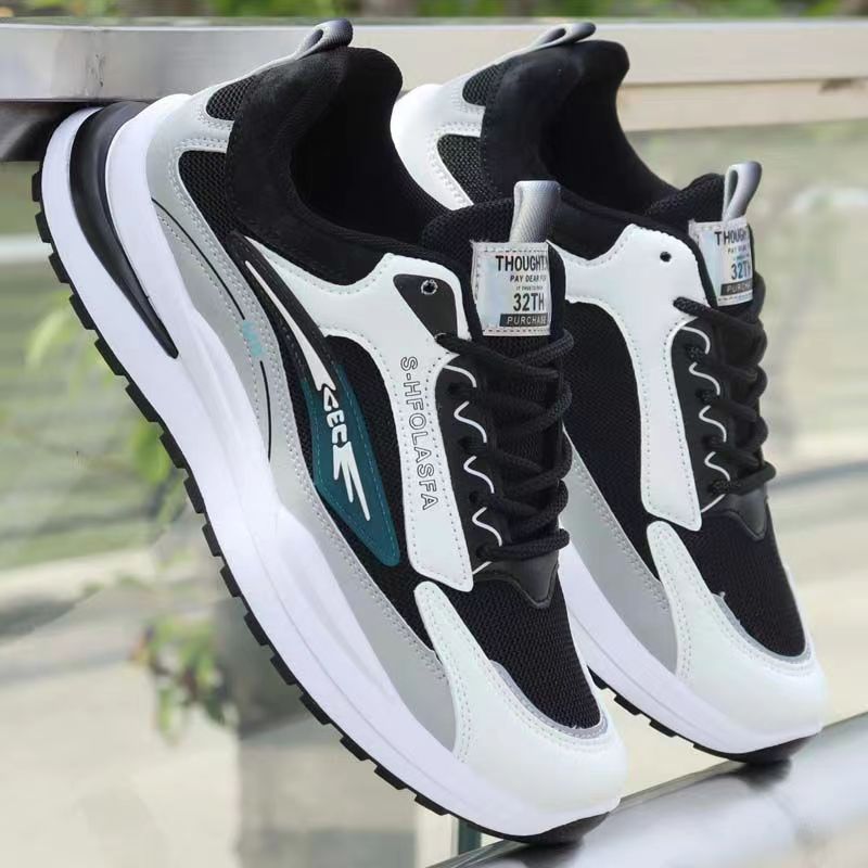 Męskie modne jesienno-zimowe nowe, swobodne, miękkie podeszwy, czarne skórzane buty sportowe do biegania, buty dla taty_voghion.com