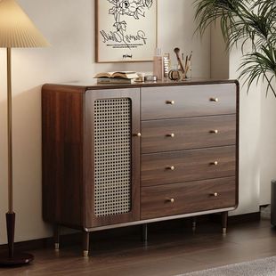 Living Room Storage Cabinet Bucket Cabinet Small Cabinet Vintage Imitation Rattan Door Leaf Solid Wood Leg Storage Cabinet Bedroom Wall Drawer Cabinet