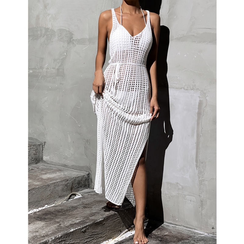 Solid Color Hollow Open Back Slit Beach Dress NSSCY109702