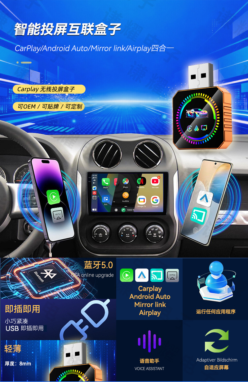 Hot-Selling 4-in-1 Smart Car Interconnect Box for Apple and Android Screen Mirroring, Wireless Reverse Control, and Carplay Box