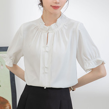 白色荷叶边短袖衬衫女夏季新款设计感法式立领气质百搭衬衣上衣