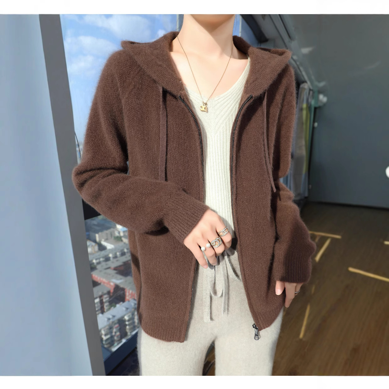 가을과 겨울 지퍼 여성용 후드 100 울 카디건 패션 루즈 니트웨어 두꺼운 스웨터 코트 캐주얼 탑