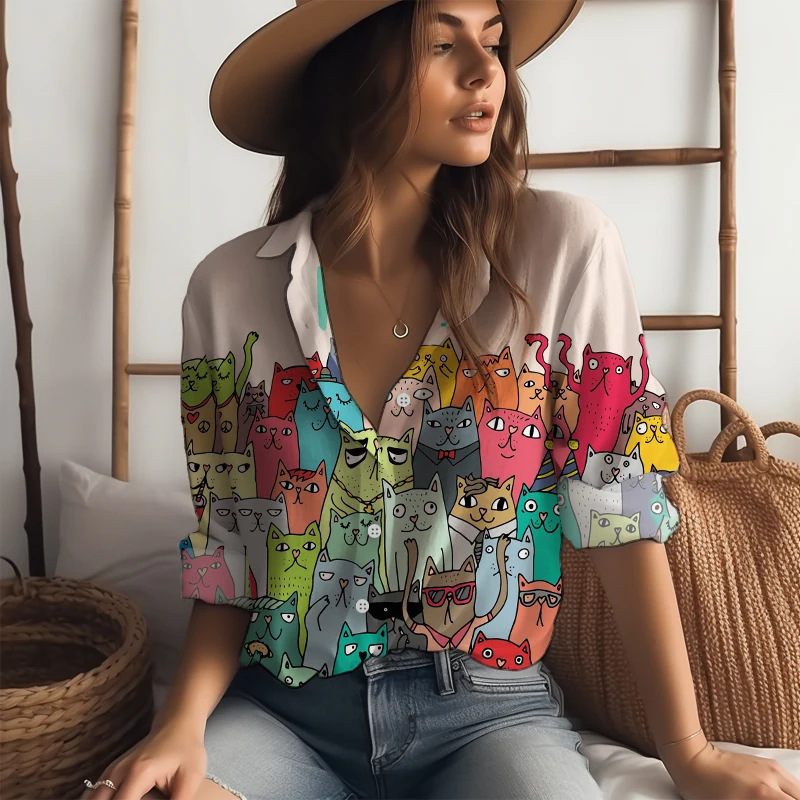 Cross-Border European and American New Women's Shirts Many Cats 3D Digital Printing Anime Cute Style Fashion Trendy Ladies Shirts Cross-Border European and American New Women's Shirts Many Cats 3D Digital Printing Anime Cute Style Fashion Trendy Ladies Shirts