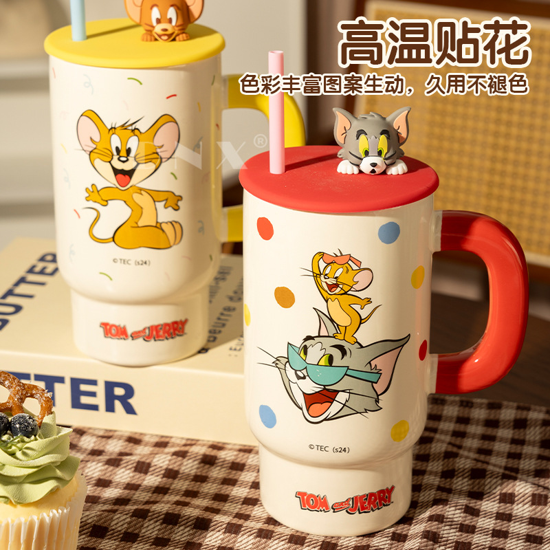 Gatos y ratones de gran capacidad con tazas de tapa copas de paja tazas de cerámica tazas de café caseras regalos para mujeres