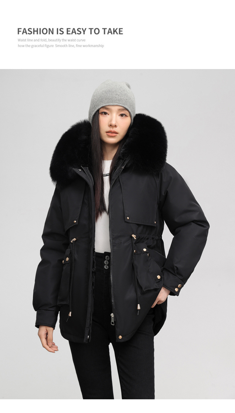 Chaqueta de algodón entallada mujer con capucha y pelo invierno_voghion.com