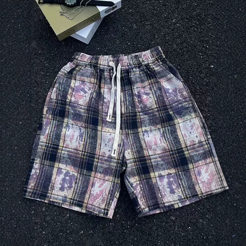 Trendy High Street Casual Retro Tie Dye Plaid Shorts Loose Fit For Men And Women Suitable For Wearing Outside And At The Beach_viptrois.com