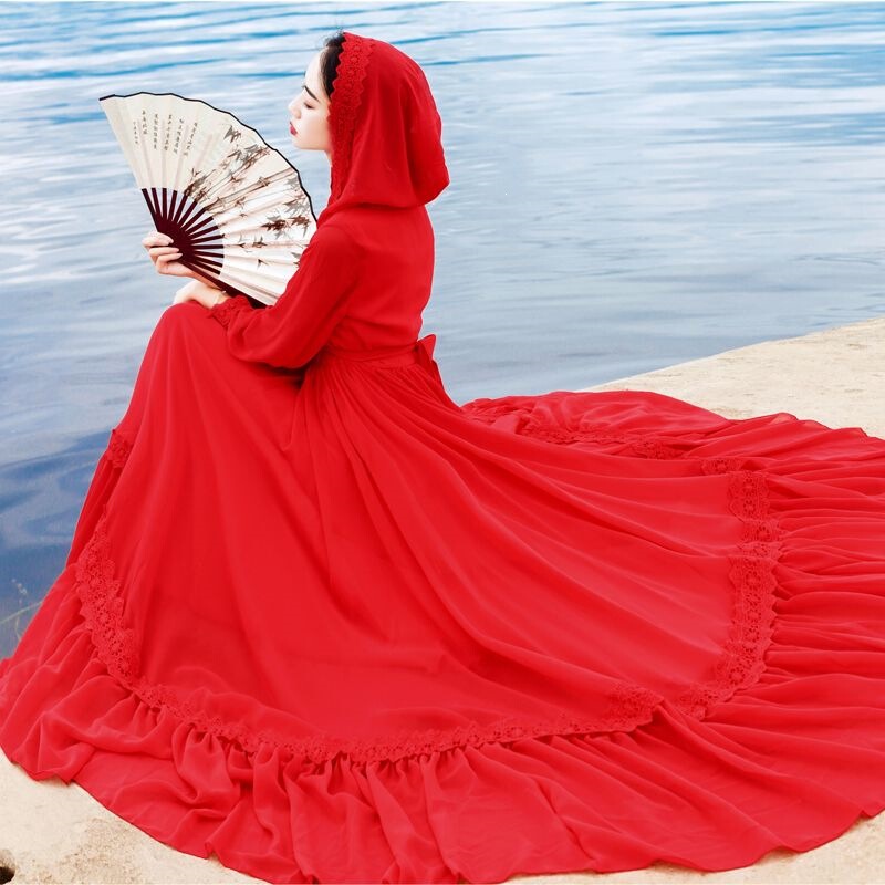 Summer Travel Photography, Big Red Long Dress, New Style Fairy Chiffon Dress, Hooded Vacation Beach Dress, Long Dress with Big Hem