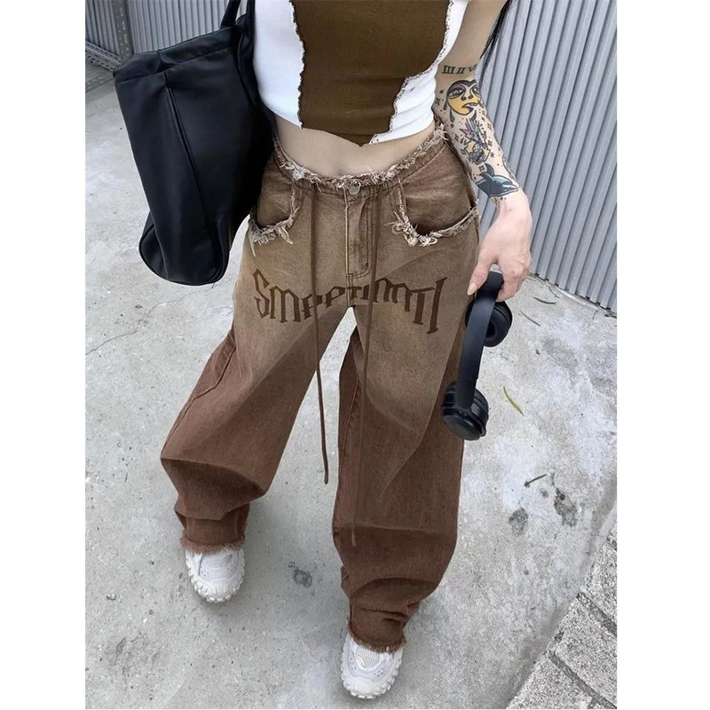 American Style Retro Hot Girl Low Waist Straight Leg Jeans Women's Design Sense Slimming Trousers Brown Wide Leg Pants