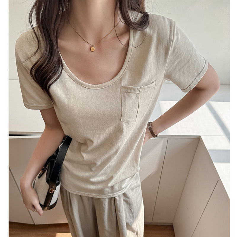 Strictly Selected Summer Solid Color Large Round Neck Short-sleeved T-shirt Women's Loose Casual Pocket Design Sense Korean Style Lazy Style Top
