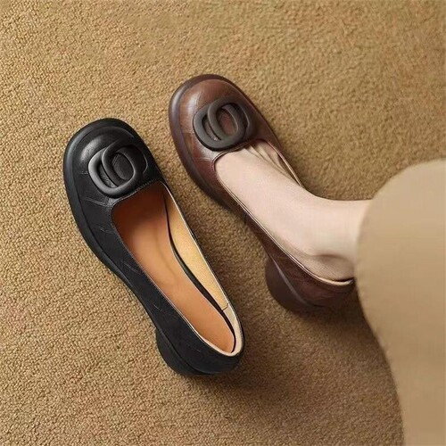 Spring New High-End Round Button Thick Heel Women's Waterproof Platform Brown Retro Slides