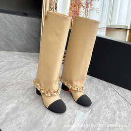 2025小香新品走秀款翻口大链条粗跟裤管靴真皮长靴高跟高筒靴女靴