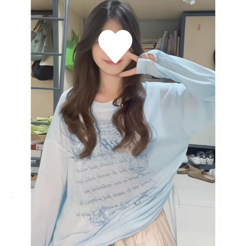 Wholesale [Cross-Border Tencel Ribbed 110g 1*1] New Style Casual Loose Letter-Printed Blue Long-Sleeve Anti-Uv Shirt