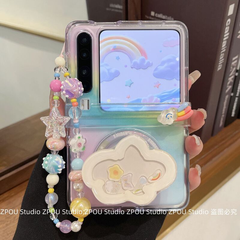 Suitable for Huawei Purax Foldableing Screen Mobile Phone Case P60/50Pocket2 Colorfulful Smudged Rainbow Magnetic Stand Honor Magicvflip Xiaomi Mixflip2 Female Good-Looking Lanyard Protective Cover