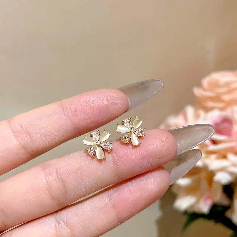 精致甜美猫眼石花朵耳钉女微镶锆石超闪气质百搭高级感耳钉耳饰品