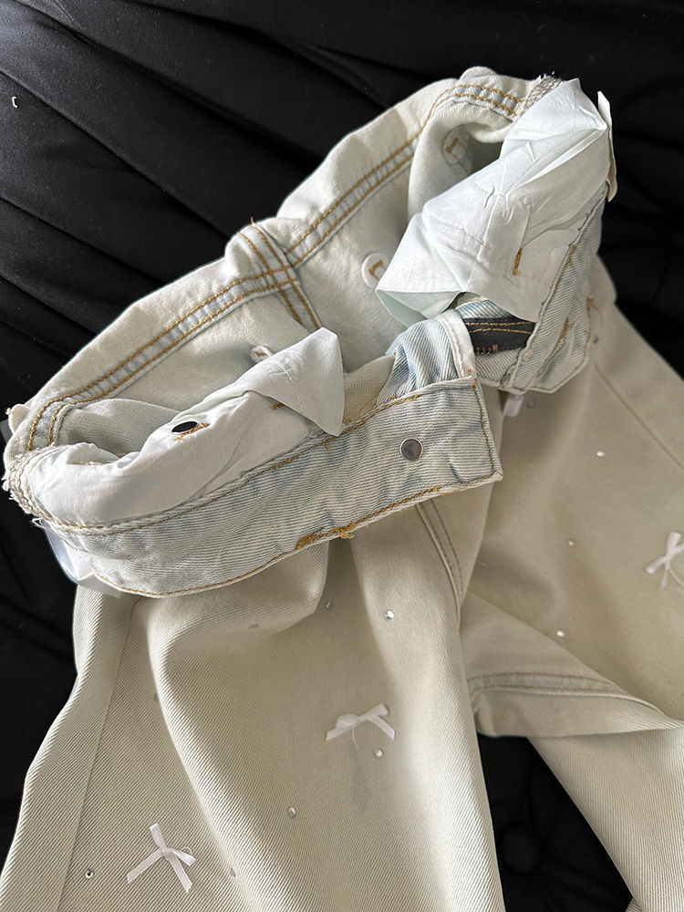 Three Dimensional Bow Design With Hot Diamonds, High Waist And Slim Light Blue Jeans, Washed Straight And Casual Mopping Trousers_ecoleips.com