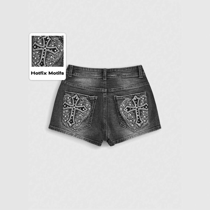 Cross and Wing Embroidery Rhinestone Denim Shorts for Women, Black and Gray Washed Jeans, Wholesale from Source Factory in Stock