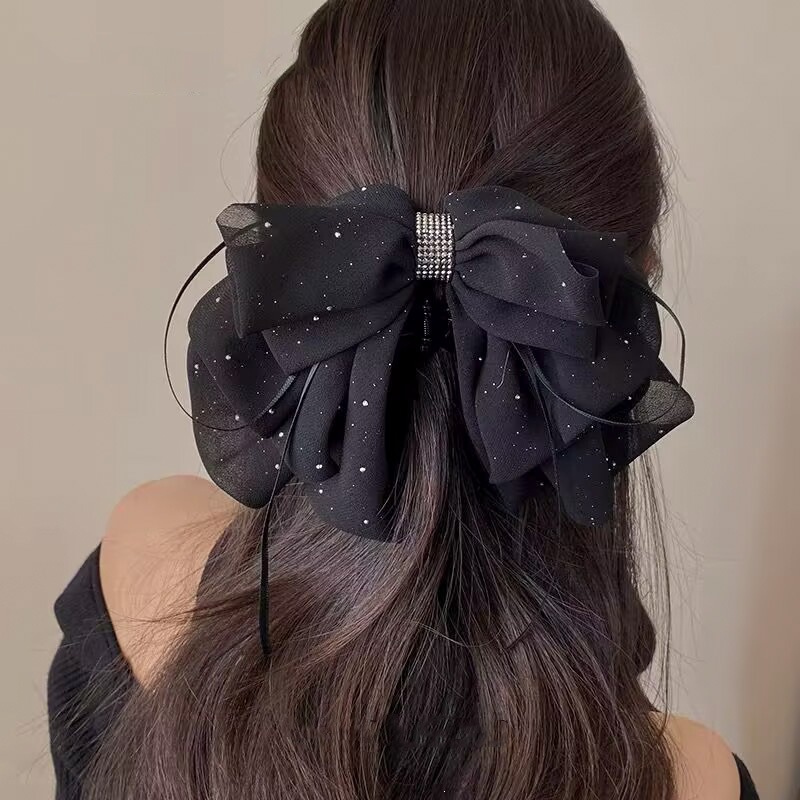 Satín de alta sensación, arco negro grande, clip de tiburón, toque de cabeza, clip de nube, clip de agarre, clip de cabello, tarjeta de cabello de mujer