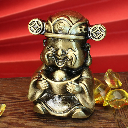 Tang Teng Enamel-coated Brass Casting God of Wealth Yuanbao with Money Transport Car Desk Ornament Creative Small Gift Polished Wire-wrapped Version