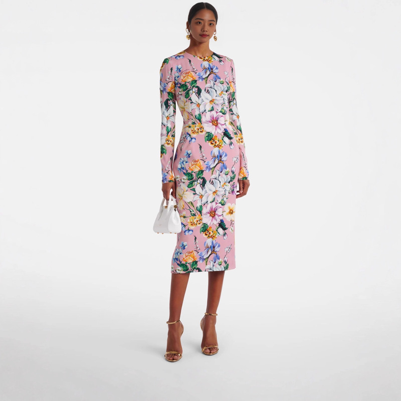 Foundation Lily Print 19 Mumi Double Joe Silk Long Sleeve Dress Waist Slimming Elegant Socialite Style Long Dress