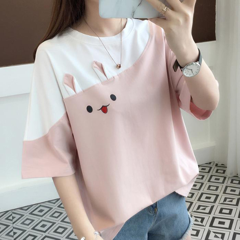 2025 New Summer Embroidered Rabbit Korean Style Color Block T-Shirt Student Top Loose Short-Sleeved Women's Clothing One Piece Store