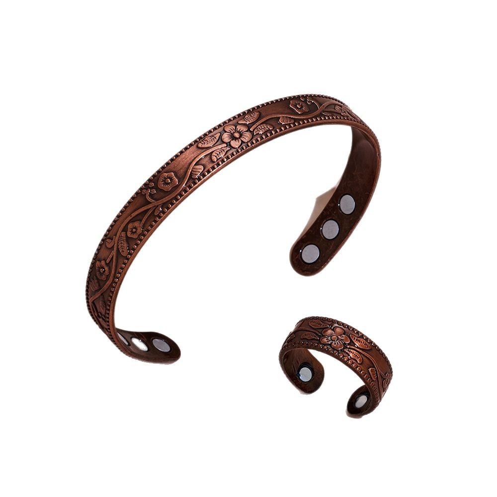 Cross-Border Hot-Selling Magnetic Bracelet Ring Combination Flower Ancient Red Copper Brushed Retro Style Magnetic Bracelet Men's and Women's Jewelry