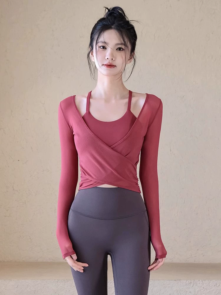 Demi-season yoga clothing, hair band, sports top with cups, long-sleeve, set for training for gym