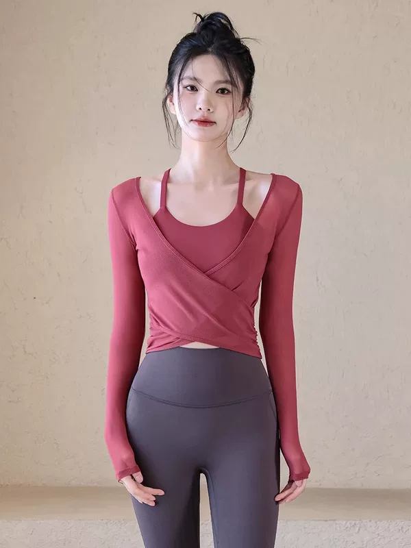 Demi-season yoga clothing, hair band, sports top with cups, long-sleeve, set for training for gym