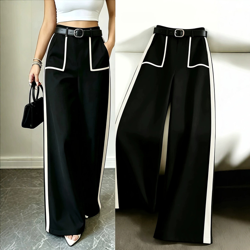 2026 Autumn Cross-Border Fashion Elegant Color-Block Wide-Leg High-Waisted Flowy Floor-Length Casual Pants with Large Pockets and Contrasting Colors 2026 Autumn Cross-Border Fashion Elegant Color-Block Wide-Leg High-Waisted Flowy Floor-Length Casual Pants with Large Pockets and Contrasting Colors