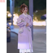 Y9Z秋冬女装2023新款韩系高级加棉紫色毛呢外套呢子大衣冬季