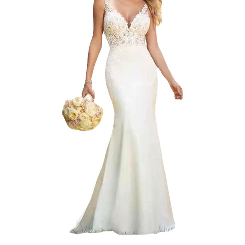 El Comercio exterior europeo y americano Amazon AliExpress deseo elegante vestido de novia con cuello en V hermoso largo elegante sexy vestido de novia cola de pez