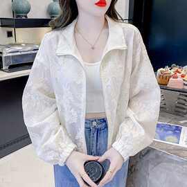 夏季薄款短外套女士白色蕾丝刺绣防晒衣服宽松长袖棒球服开衫上衣